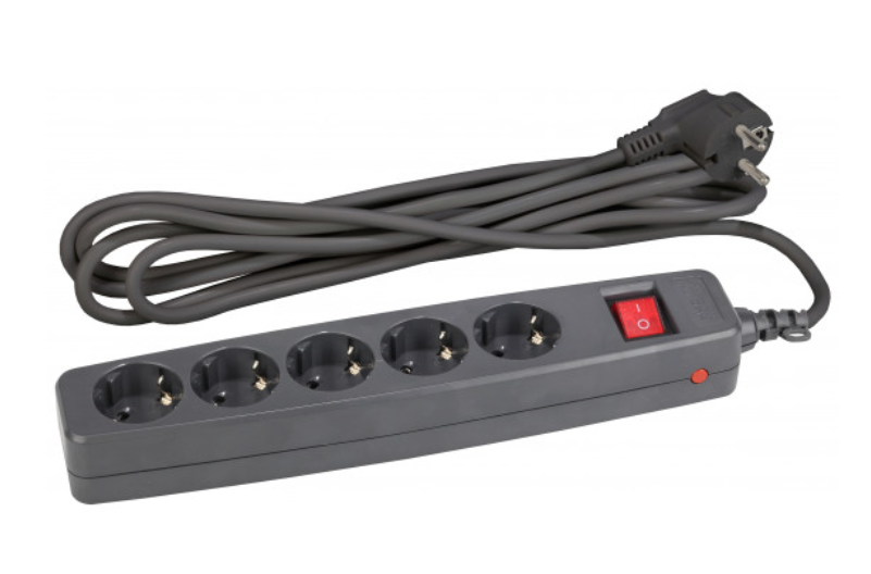 Сетевой фильтр  5гнезд  2м. с заземляющими контактами со шторками с выключателем серый SF-5es-2m-B ЭРА